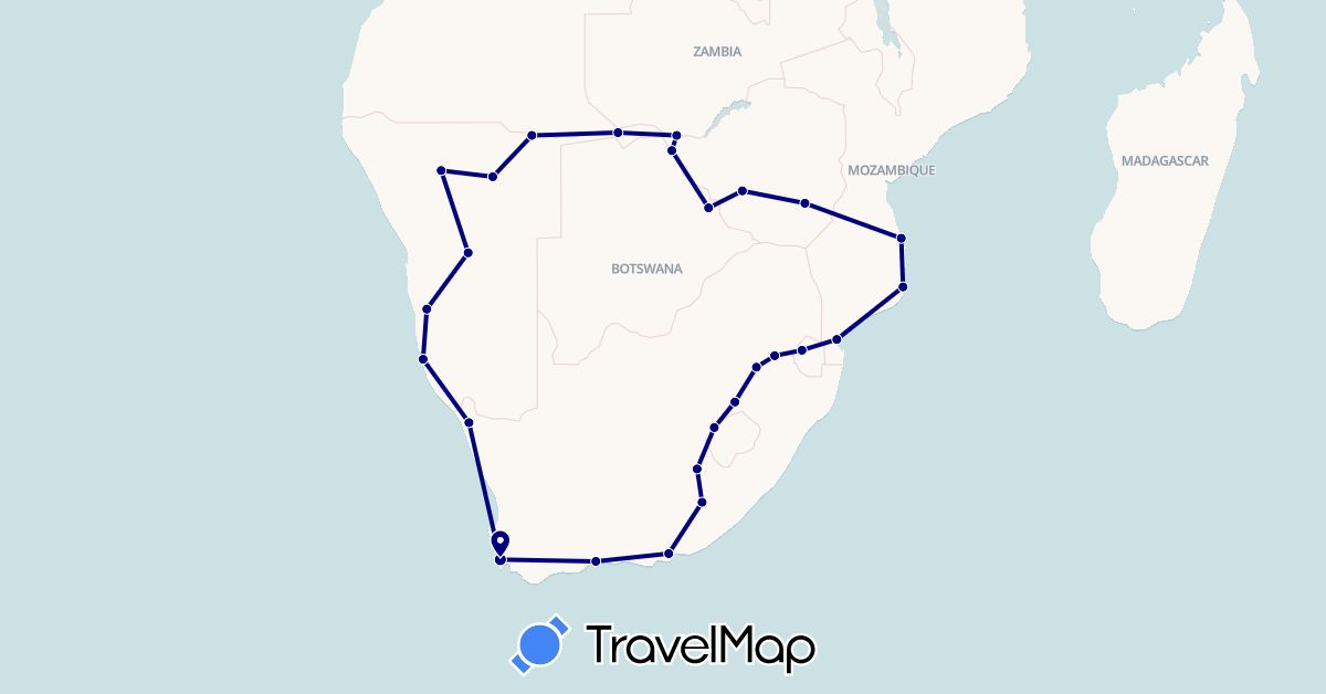 TravelMap itinerary: driving in Botswana, Mozambique, Namibia, Swaziland, South Africa, Zambia, Zimbabwe (Africa)